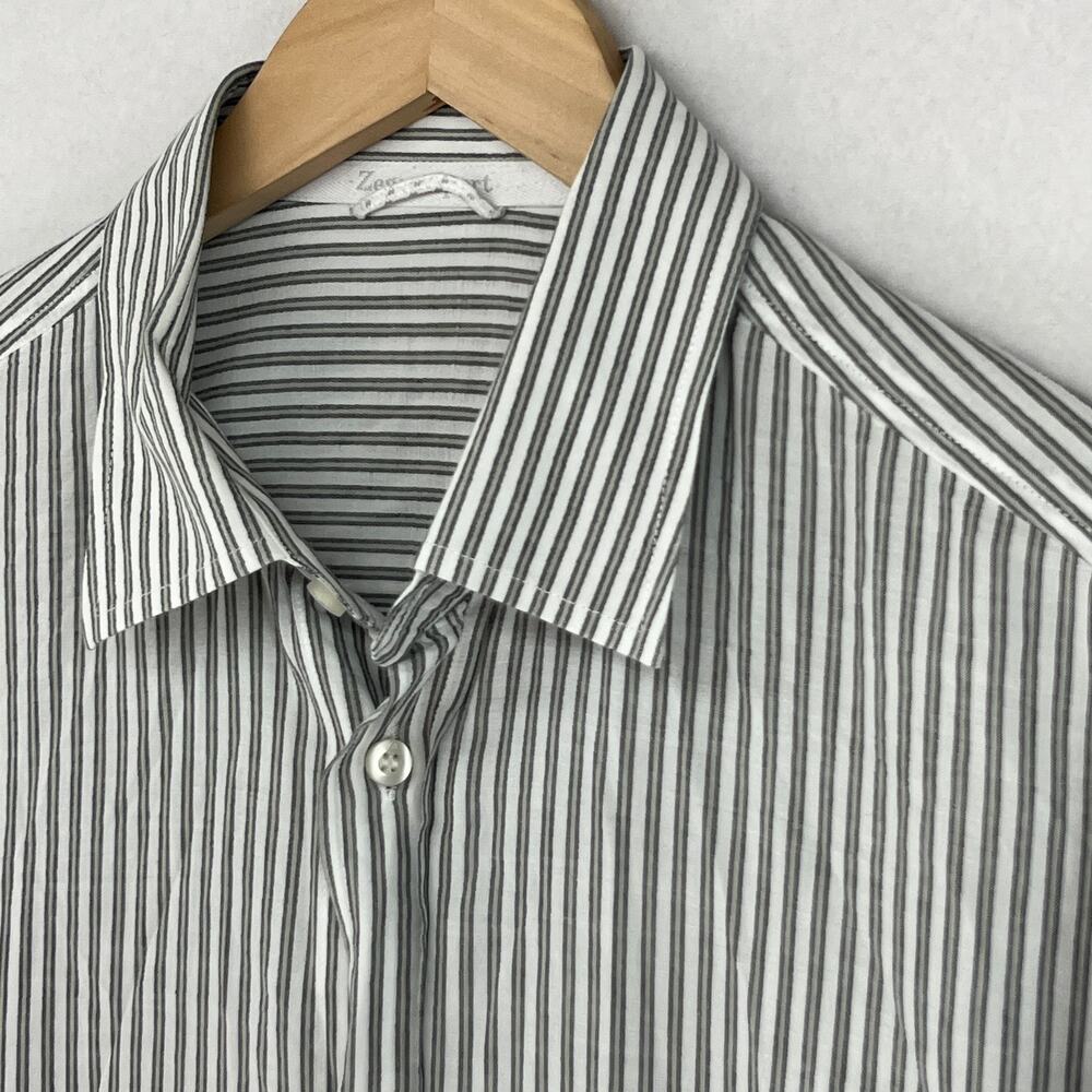 ZEGNA Shirt Mens L SPORT Striped Button Up Long Sleeve Woven Cotton Gray